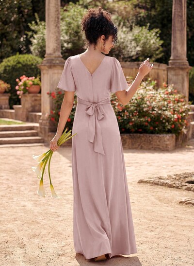 A-Line V-Neck Short Sleeves Floor-Length Silk Like Satin Bridesmaid Dresses