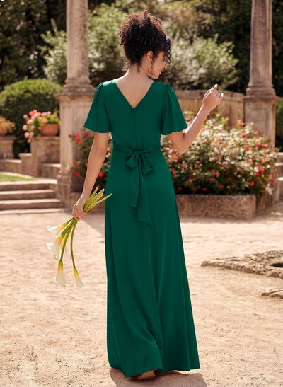A-Line V-Neck Short Sleeves Floor-Length Silk Like Satin Bridesmaid Dresses
