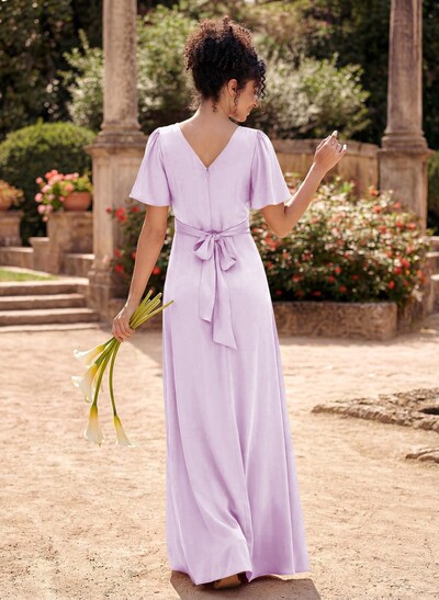A-Line V-Neck Short Sleeves Floor-Length Silk Like Satin Bridesmaid Dresses