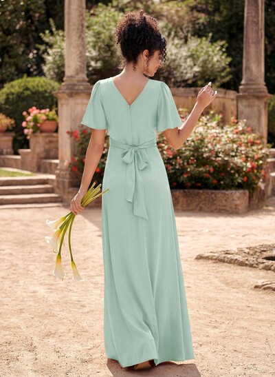 A-Line V-Neck Short Sleeves Floor-Length Silk Like Satin Bridesmaid Dresses