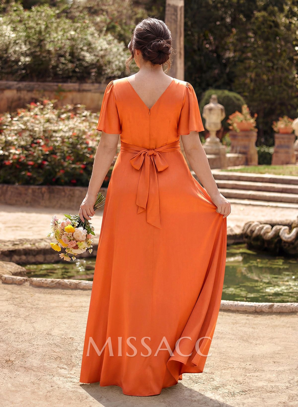 A-Line V-Neck Short Sleeves Floor-Length Silk Like Satin Bridesmaid Dresses A-Line V-Neck Short Sleeves Floor-Length Silk Like Satin Bridesmaid Dresses