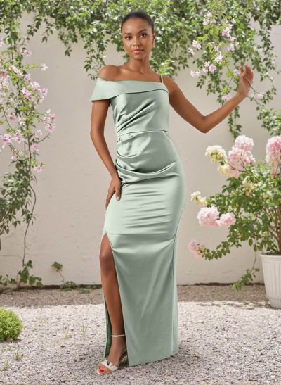 Sheath/Column One-Shoulder Silk Like Satin Bridesmaid Dresses With Split Front