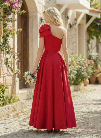Ball-Gown One-Shoulder Sleeveless Satin Bridesmaid Dresses With Bow(s)