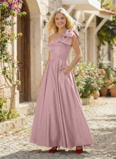 Ball-Gown One-Shoulder Sleeveless Satin Bridesmaid Dresses With Bow(s)