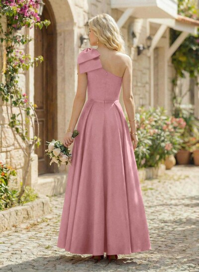 Ball-Gown One-Shoulder Sleeveless Satin Bridesmaid Dresses With Bow(s)