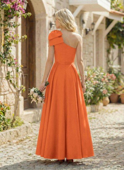 Ball-Gown One-Shoulder Sleeveless Satin Bridesmaid Dresses With Bow(s)