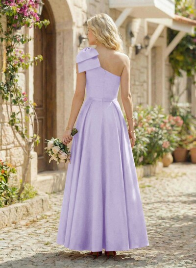 Ball-Gown One-Shoulder Sleeveless Satin Bridesmaid Dresses With Bow(s)