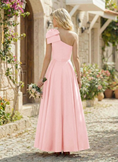 Ball-Gown One-Shoulder Sleeveless Satin Bridesmaid Dresses With Bow(s)