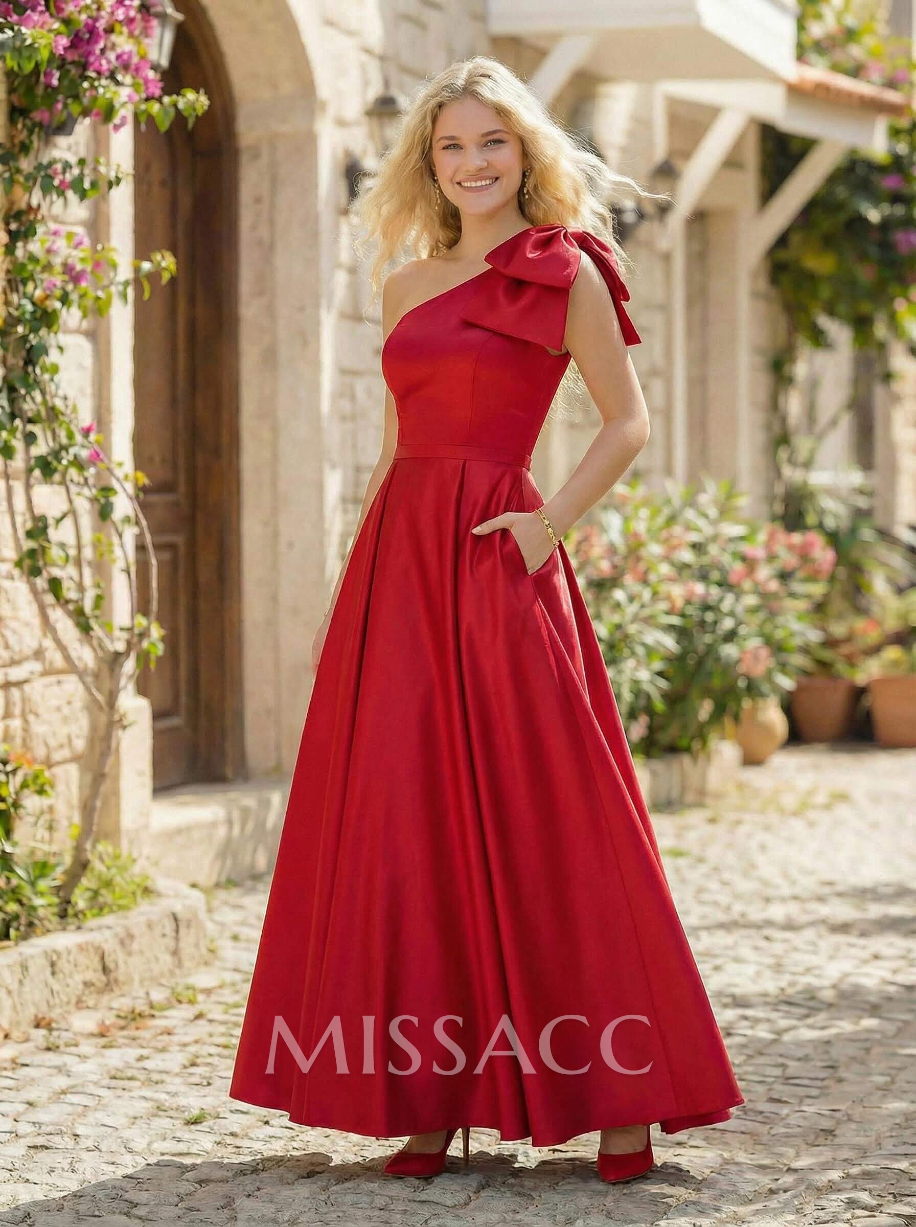 Ball-Gown One-Shoulder Sleeveless Satin Bridesmaid Dresses With Bow(s) Ball-Gown One-Shoulder Sleeveless Satin Bridesmaid Dresses With Bow(s)
