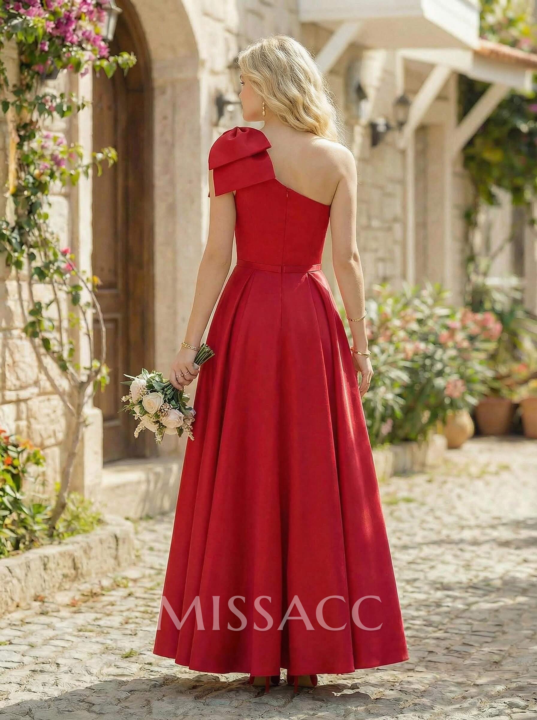 Ball-Gown One-Shoulder Sleeveless Satin Bridesmaid Dresses With Bow(s) Ball-Gown One-Shoulder Sleeveless Satin Bridesmaid Dresses With Bow(s)