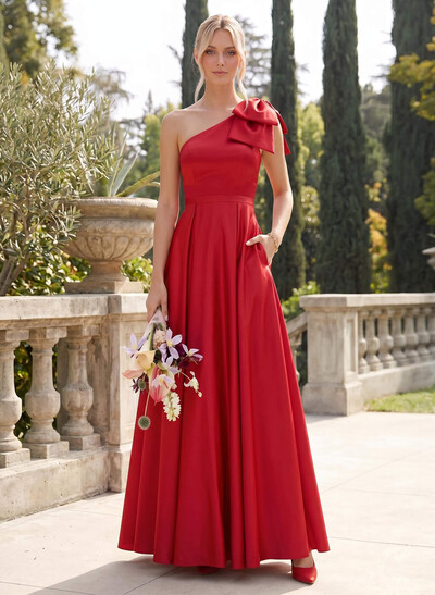Ball-Gown One-Shoulder Sleeveless Satin Bridesmaid Dresses With Bow(s)