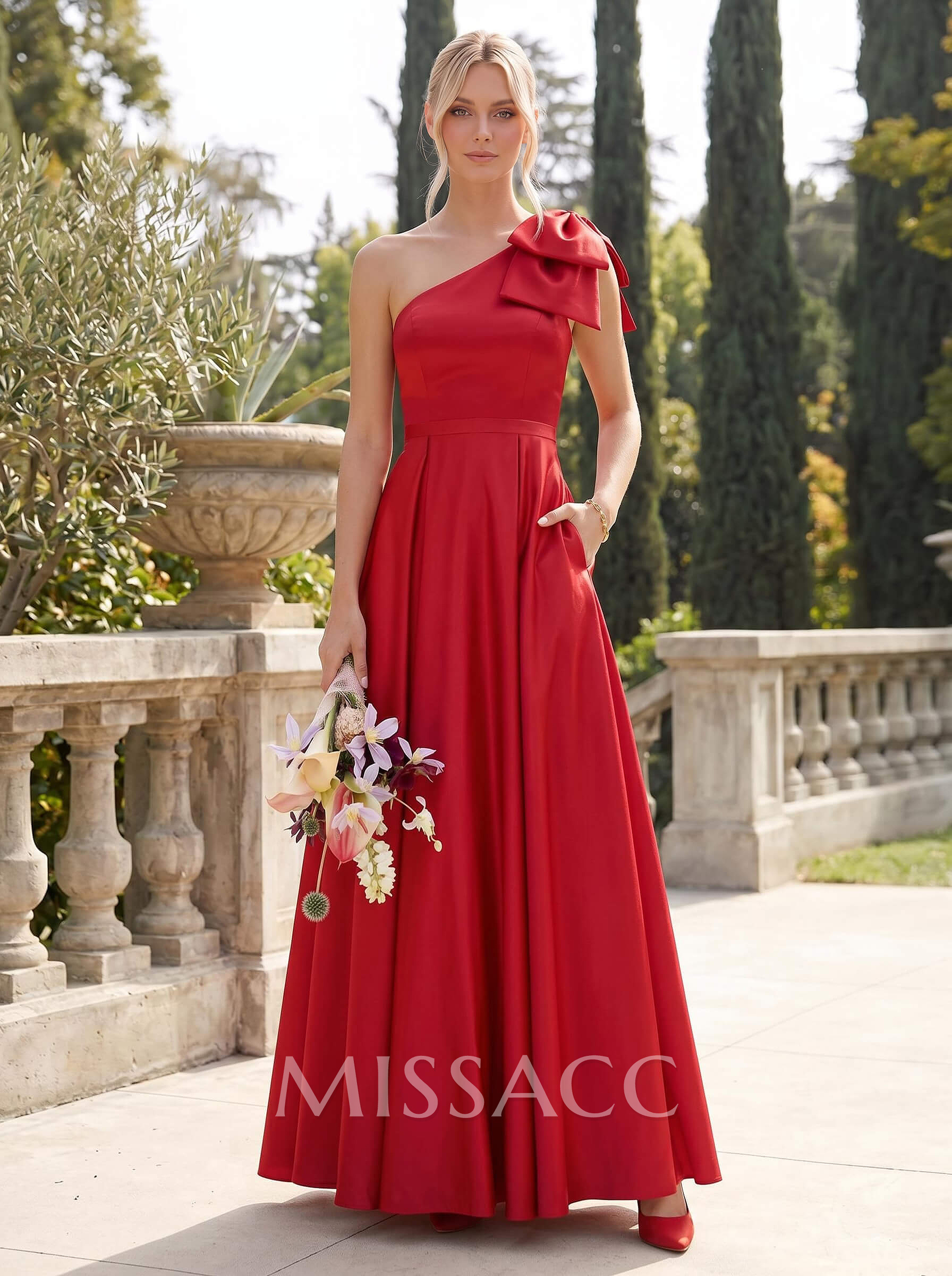 Ball-Gown One-Shoulder Sleeveless Satin Bridesmaid Dresses With Bow(s) Ball-Gown One-Shoulder Sleeveless Satin Bridesmaid Dresses With Bow(s)