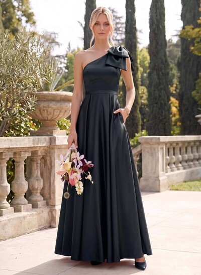 Ball-Gown One-Shoulder Sleeveless Satin Bridesmaid Dresses With Bow(s)