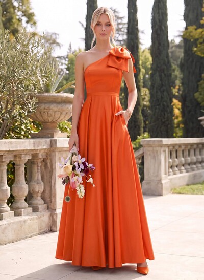 Ball-Gown One-Shoulder Sleeveless Satin Bridesmaid Dresses With Bow(s)
