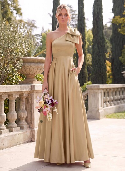 Ball-Gown One-Shoulder Sleeveless Satin Bridesmaid Dresses With Bow(s)