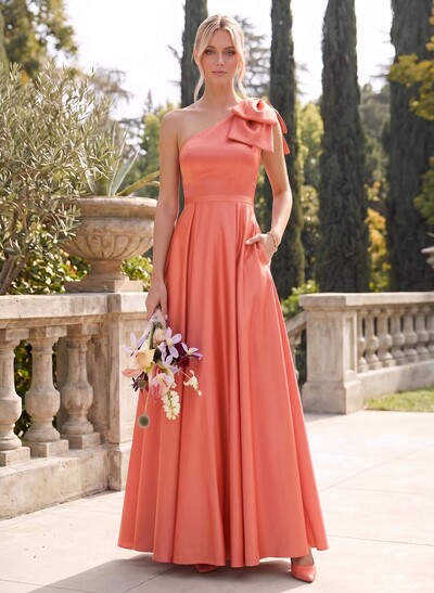 Ball-Gown One-Shoulder Sleeveless Satin Bridesmaid Dresses With Bow(s)