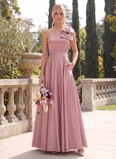 Ball-Gown One-Shoulder Sleeveless Satin Bridesmaid Dresses With Bow(s)