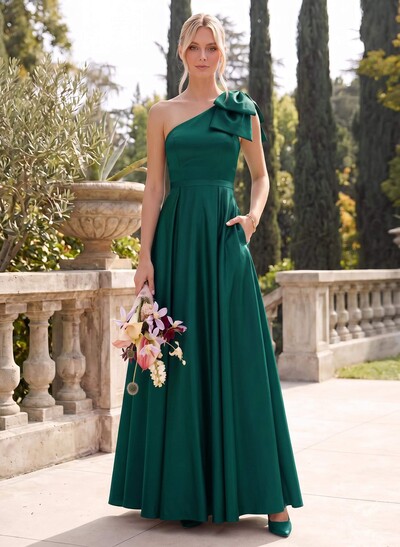 Ball-Gown One-Shoulder Sleeveless Satin Bridesmaid Dresses With Bow(s)