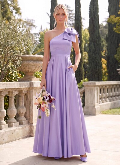 Ball-Gown One-Shoulder Sleeveless Satin Bridesmaid Dresses With Bow(s)