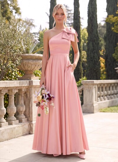 Ball-Gown One-Shoulder Sleeveless Satin Bridesmaid Dresses With Bow(s)