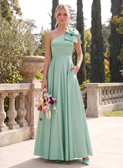 Ball-Gown One-Shoulder Sleeveless Satin Bridesmaid Dresses With Bow(s)