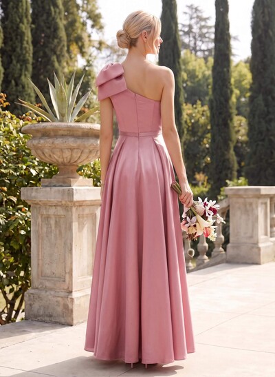 Ball-Gown One-Shoulder Sleeveless Satin Bridesmaid Dresses With Bow(s)