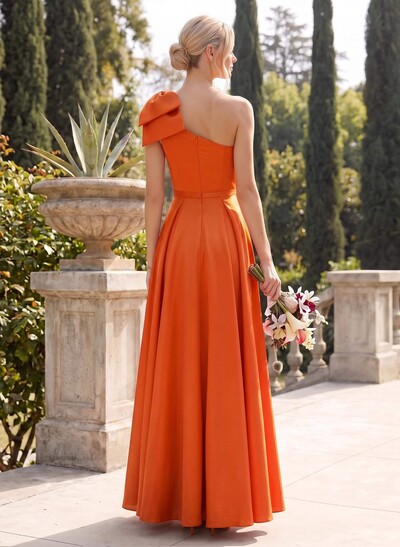 Ball-Gown One-Shoulder Sleeveless Satin Bridesmaid Dresses With Bow(s)