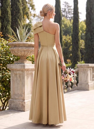 Ball-Gown One-Shoulder Sleeveless Satin Bridesmaid Dresses With Bow(s)