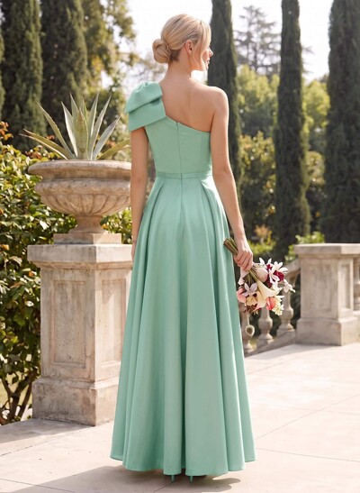 Ball-Gown One-Shoulder Sleeveless Satin Bridesmaid Dresses With Bow(s)