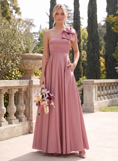 Ball-Gown One-Shoulder Sleeveless Satin Bridesmaid Dresses With Bow(s)