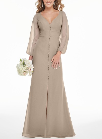 A-Line V-Neck Long Sleeves Chiffon Bridesmaid Dresses With Split Front
