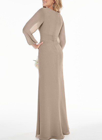 A-Line V-Neck Long Sleeves Chiffon Bridesmaid Dresses With Split Front