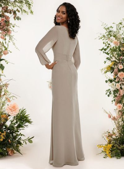 A-Line V-Neck Long Sleeves Chiffon Bridesmaid Dresses With Split Front