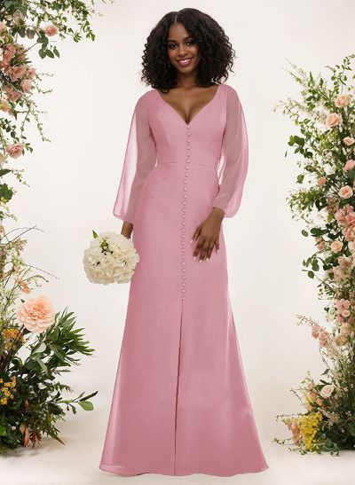 A-Line V-Neck Long Sleeves Chiffon Bridesmaid Dresses With Split Front