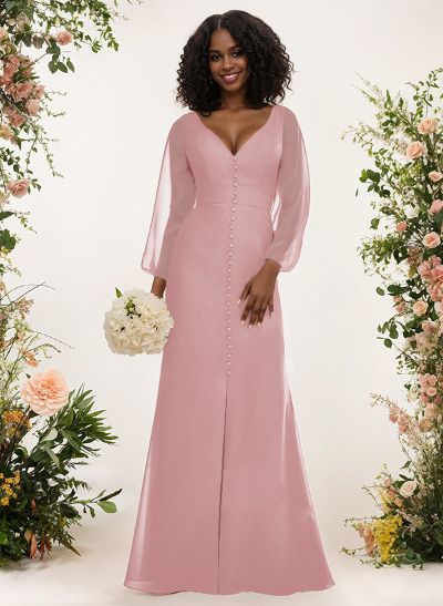 A-Line V-Neck Long Sleeves Chiffon Bridesmaid Dresses With Split Front