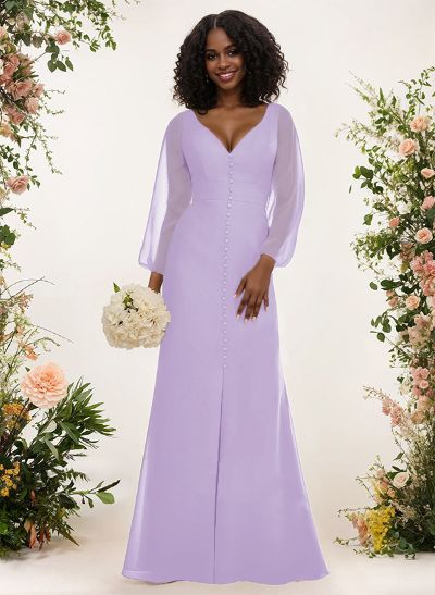 A-Line V-Neck Long Sleeves Chiffon Bridesmaid Dresses With Split Front