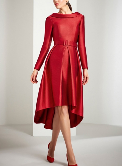 A-Line Scoop Neck Long Sleeves Asymmetrical Satin Cocktail Dresses