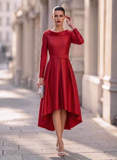 A-Line Scoop Neck Long Sleeves Asymmetrical Matte Satin Cocktail Dresses