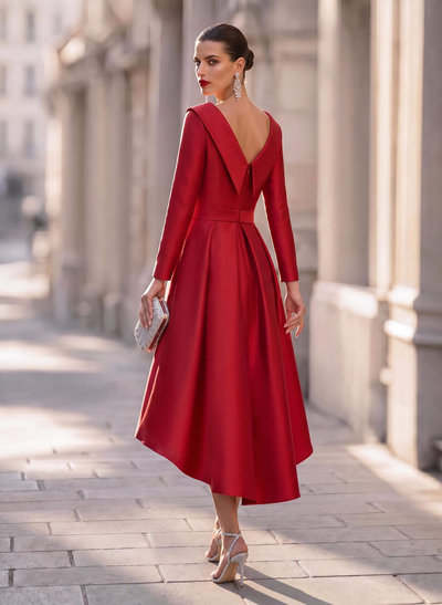 A-Line Scoop Neck Long Sleeves Asymmetrical Matte Satin Cocktail Dresses