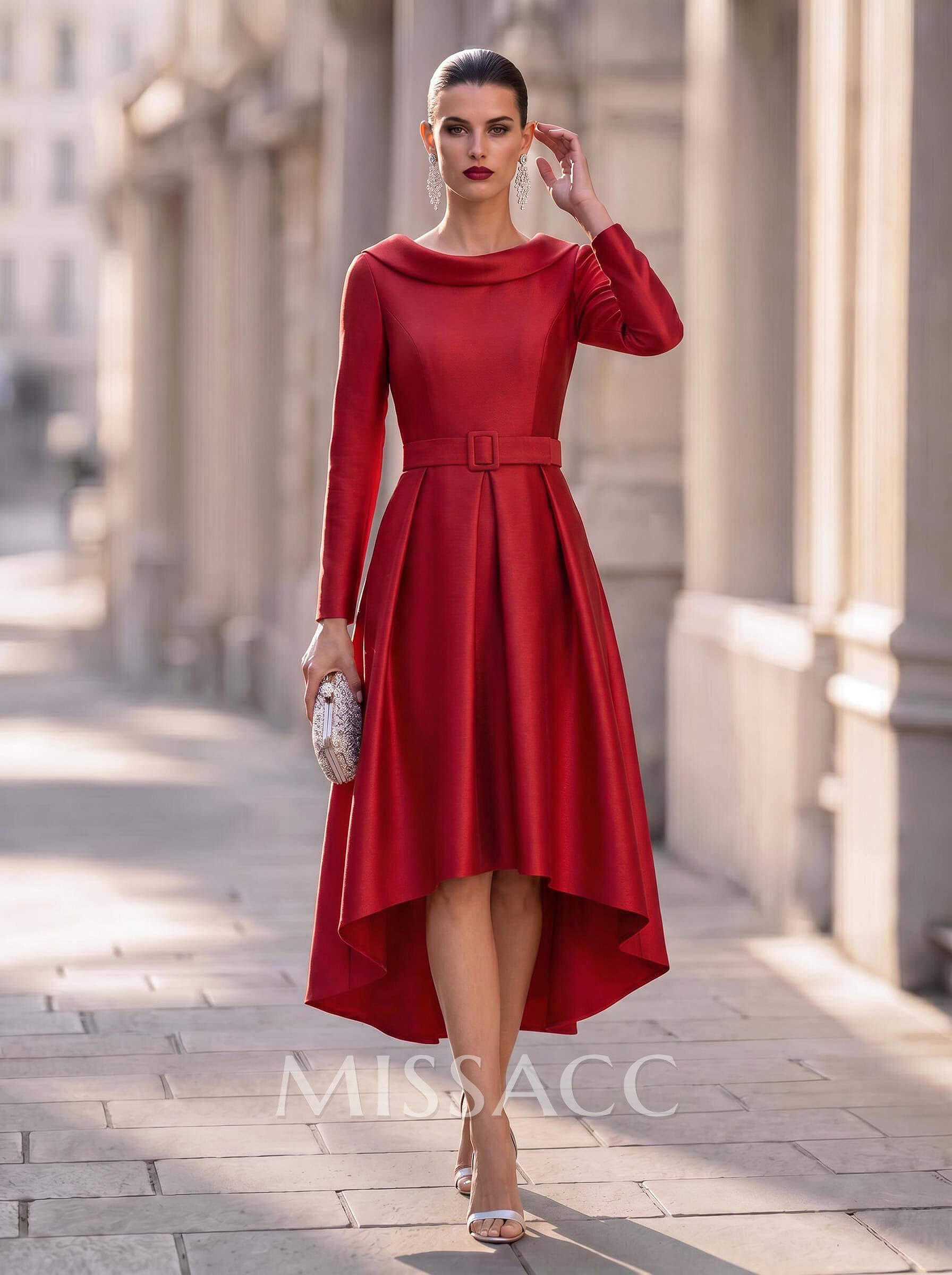 A-Line Scoop Neck Long Sleeves Asymmetrical Matte Satin Cocktail Dresses