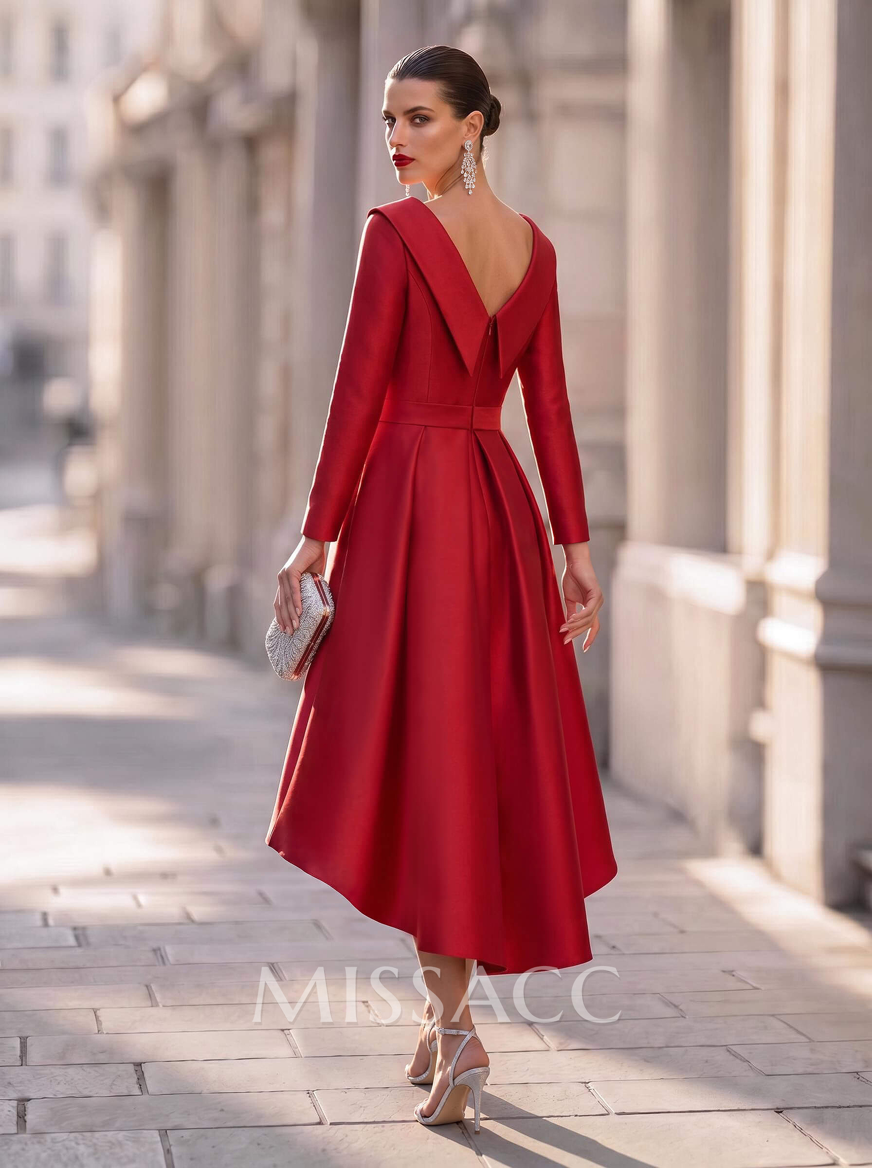 A-Line Scoop Neck Long Sleeves Asymmetrical Matte Satin Cocktail Dresses