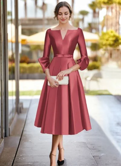 Missacc Coral Cocktail Dresses A-Line 3/4 Sleeves Tea-Length Satin Cocktail Dresses Missacc Coral Cocktail Dresses A-Line 3/4 Sleeves Tea-Length Satin Cocktail Dresses
