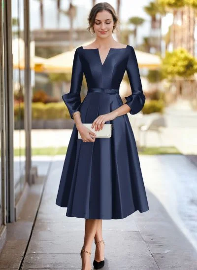 Missacc Cabernet Cocktail Dresses A-Line 3/4 Sleeves Tea-Length Satin Cocktail Dresses