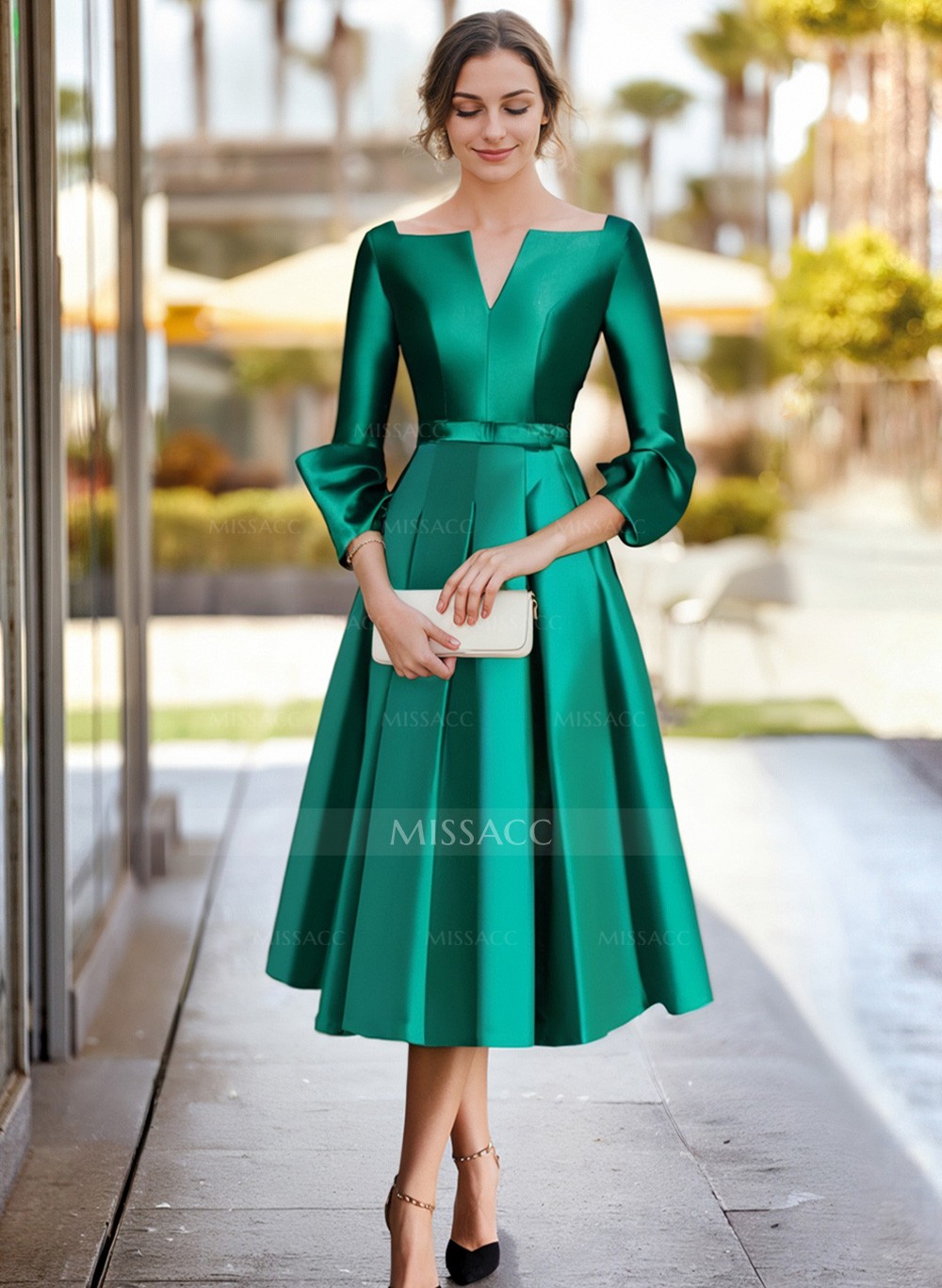 A-Line 3/4 Sleeves Tea-Length Satin Cocktail Dresses