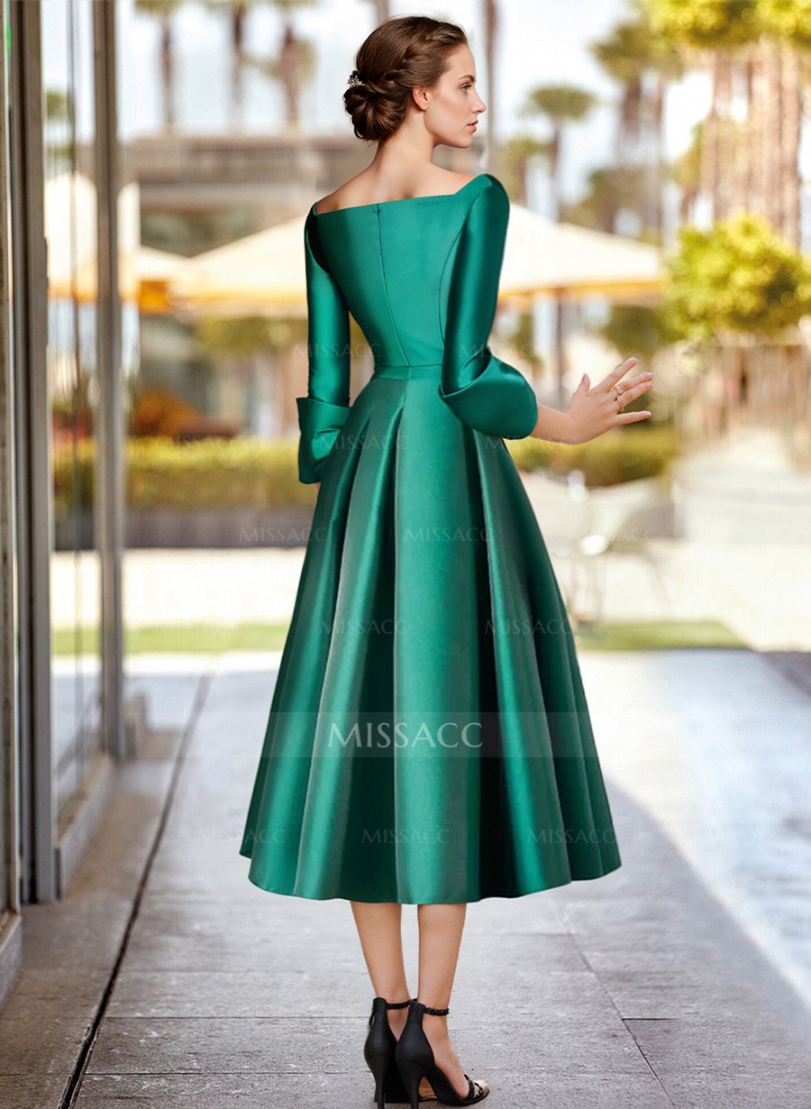 A-Line 3/4 Sleeves Tea-Length Satin Cocktail Dresses