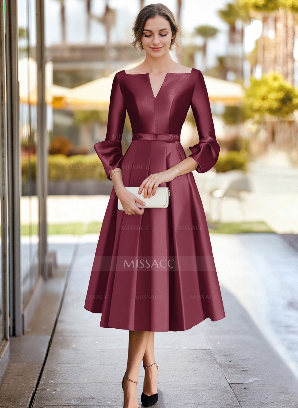 Tea Length Full Length Cocktail Dresses With Sleeves A-Line 3/4