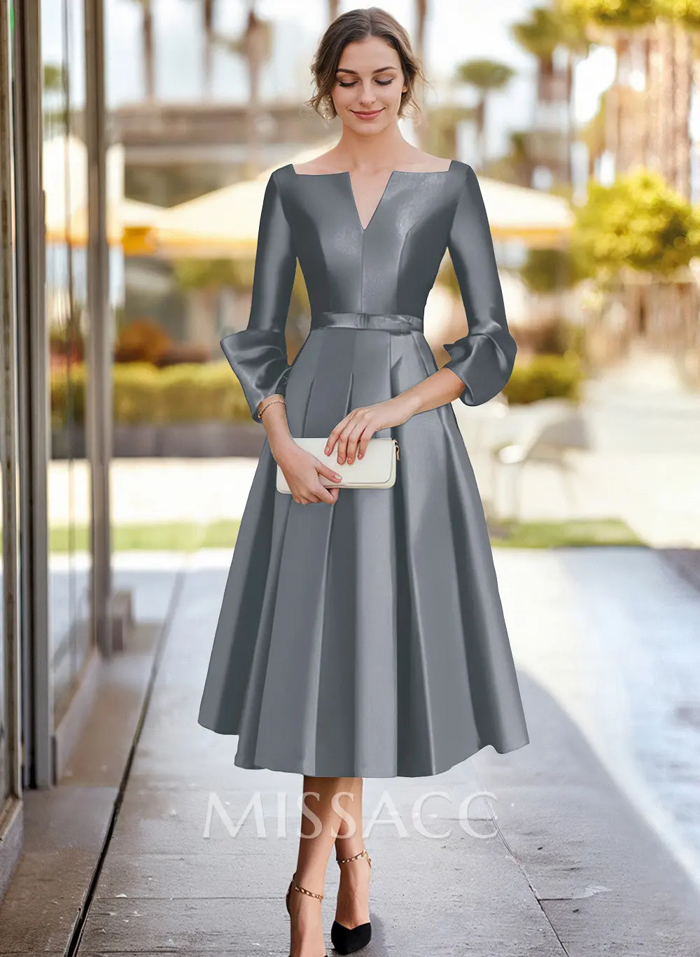 long sleeve gray formal dress Long Beaded A-Line Formal Dress with Long Sleeves Smoky Blue / 10
