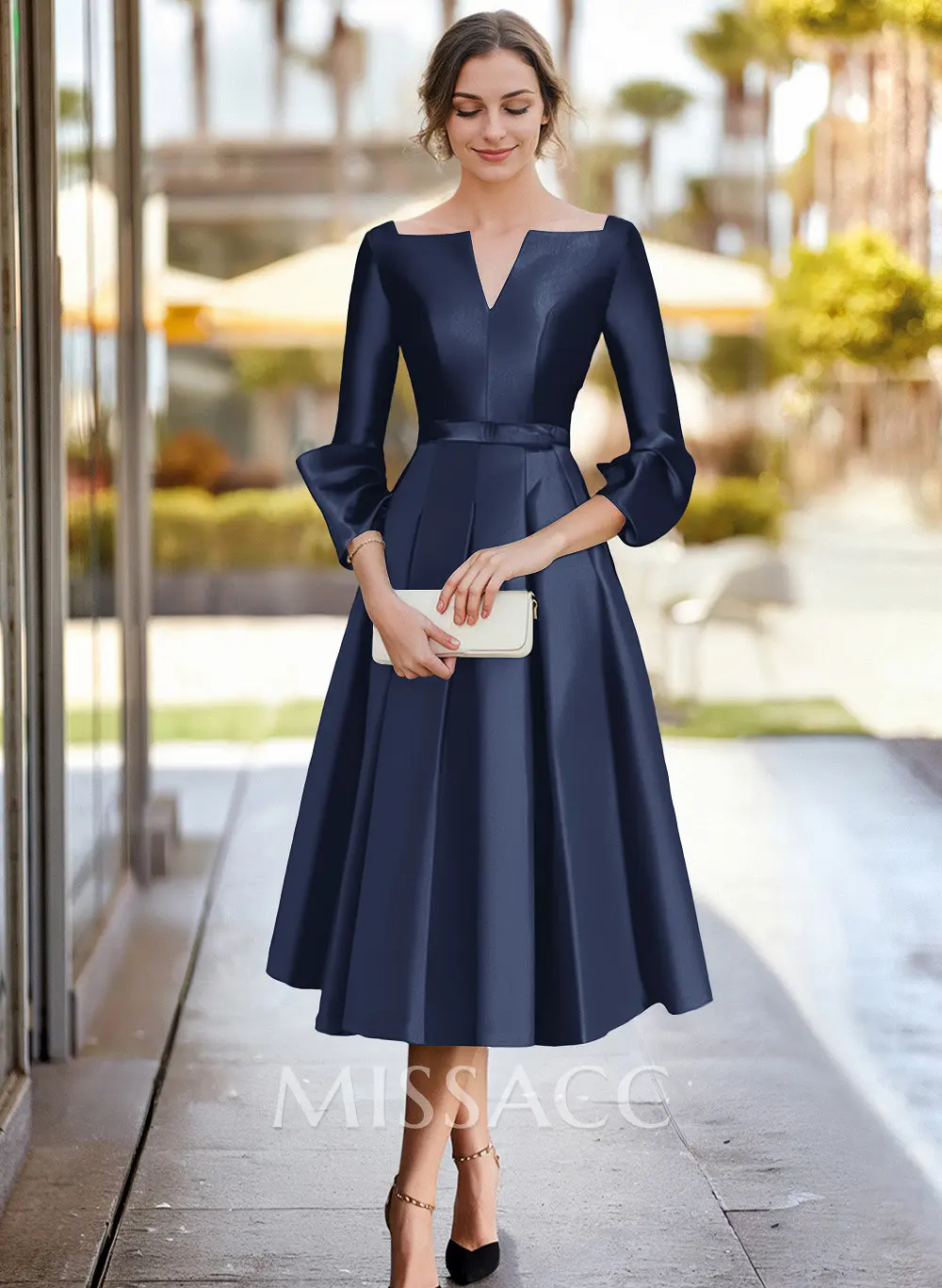 tea length casual dresses with sleeves A-Line Tea Length Mini White Lace Dress White Long Sleeve COCOMELODY CW3424, 25 Days / Ivory / US22-UK24-EUR52