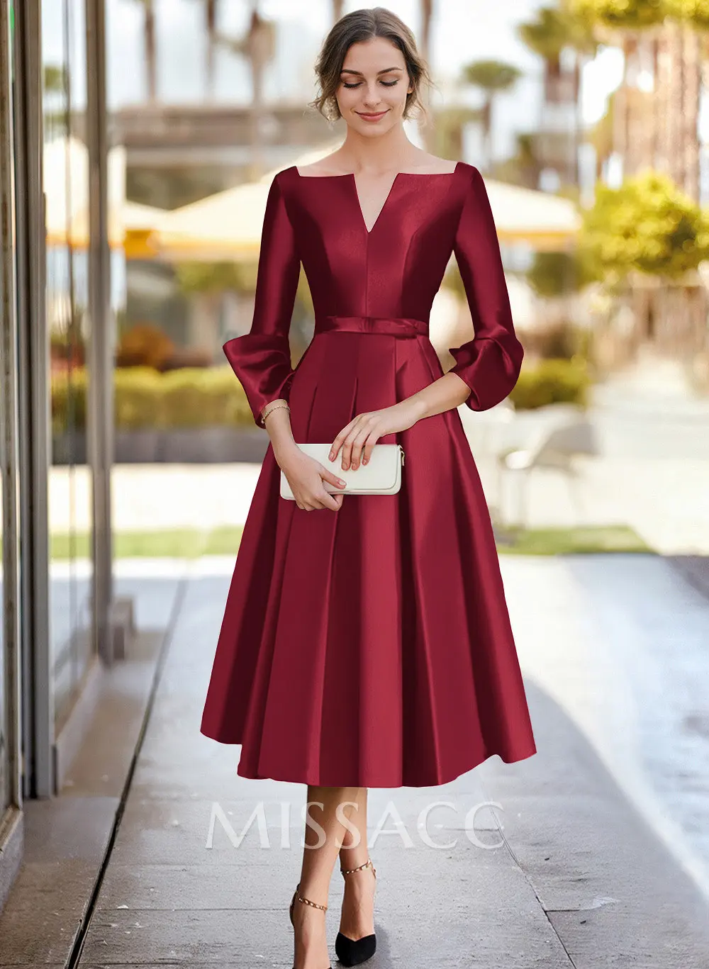 A-Line 3/4 Sleeves Tea-Length Satin Cocktail Dresses - Missacc