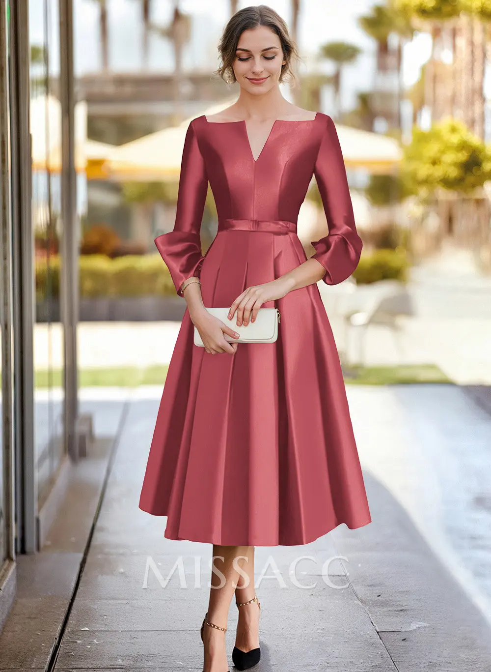 formal dress tea length 3 4 sleeve Mac Duggal Embellished Wrap-Over 3/4 Sleeve Dress, Size 6, Aubergine main image 1
